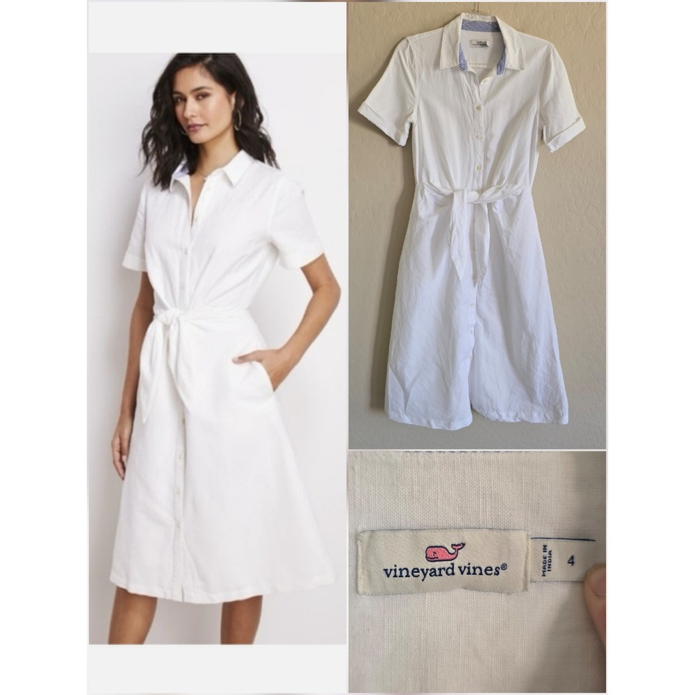 Vineyard Vines Westerly‎ Linen White Tie-front Shirt Dress Size 4